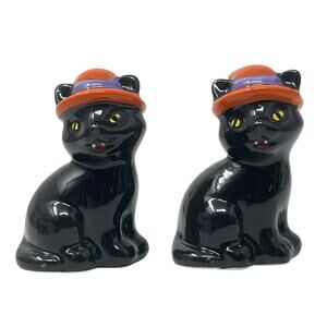 Halloween Black Cat with Orange Witch's Hat Salt and Pepper Set 2.5" x 1.75" NEW